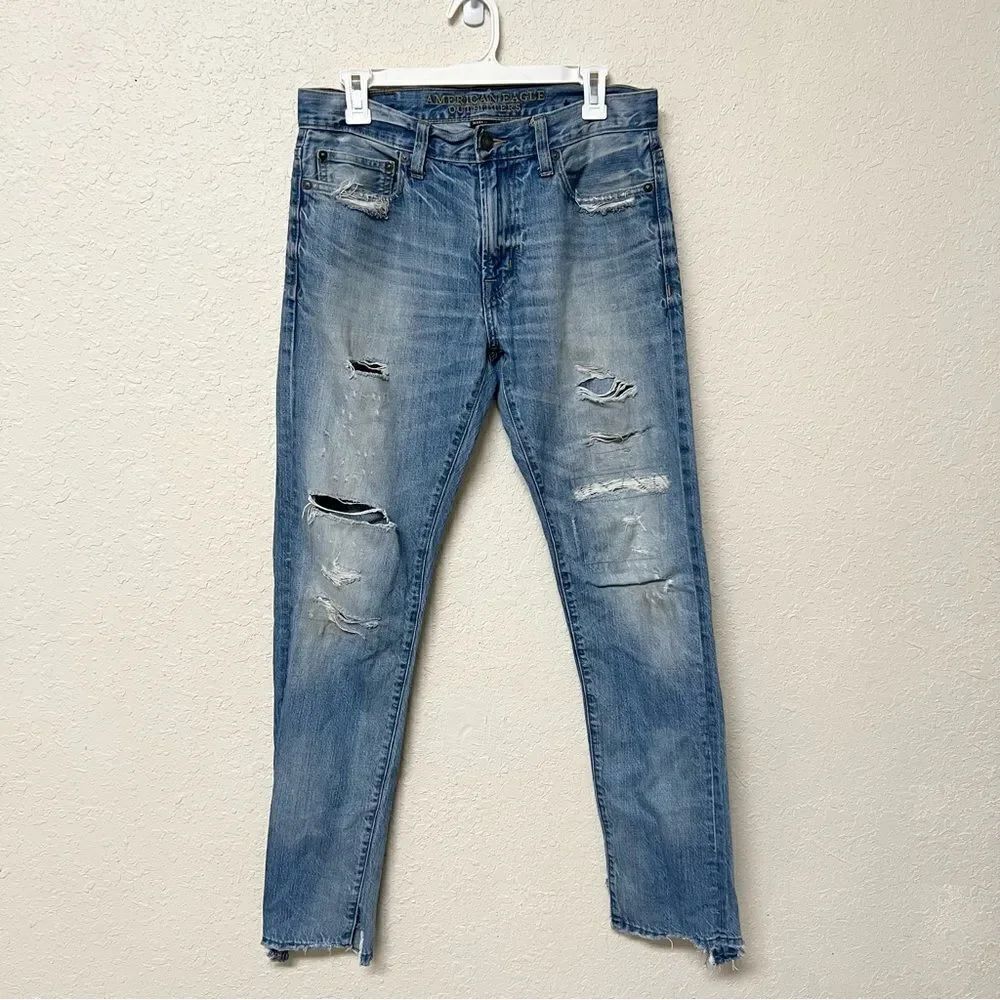 American Eagle Slim Denim Blue Jeans Made To Last Distressed Raw Hem Size 30x34